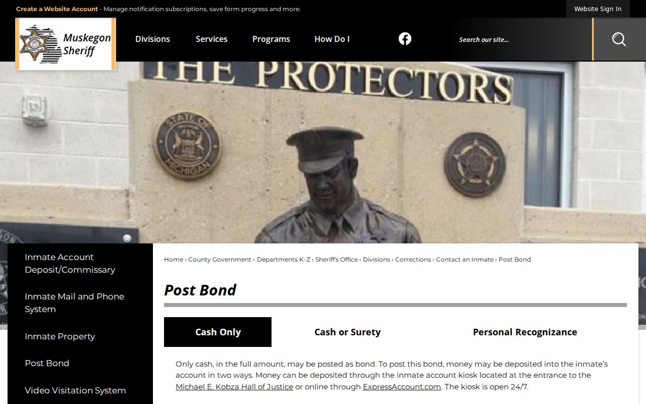 Muskegon County warrant bond options showing cash-only, cash-or-surety, and personal recognizance tabs