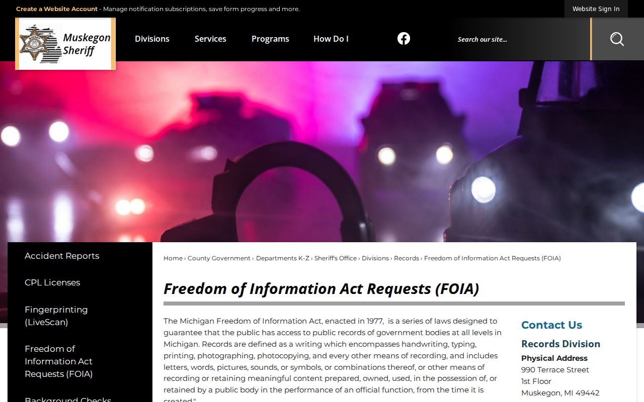 Muskegon County warrant records page explaining county records requests and city agency routing