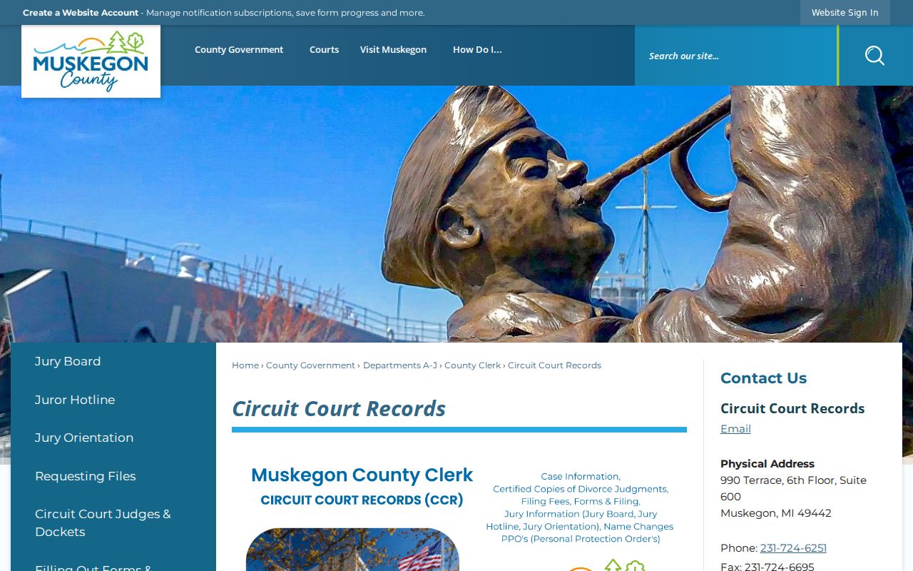 Muskegon County warrant records page showing Circuit Court Records address, hours, and case-search directions