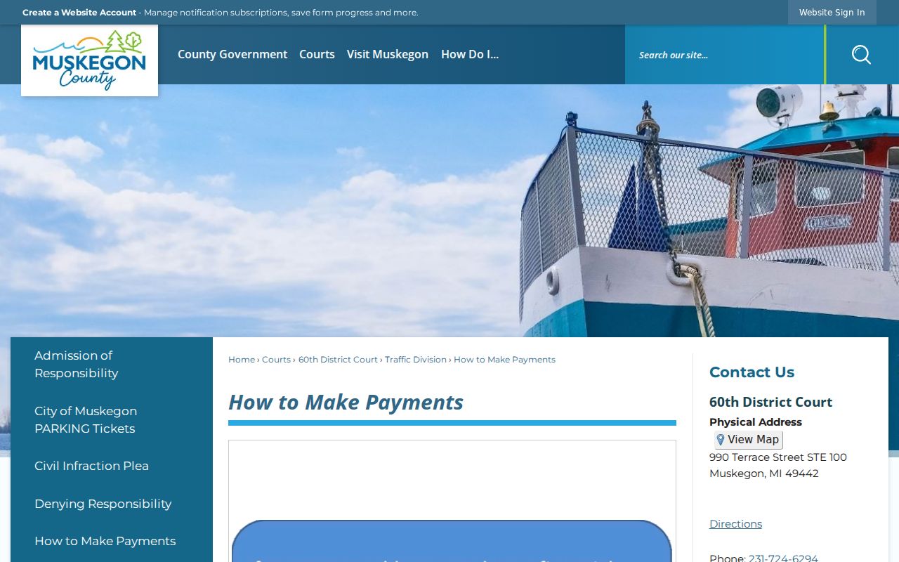 Muskegon County warrant records page listing citation payment methods, deadlines, and the warrant warning