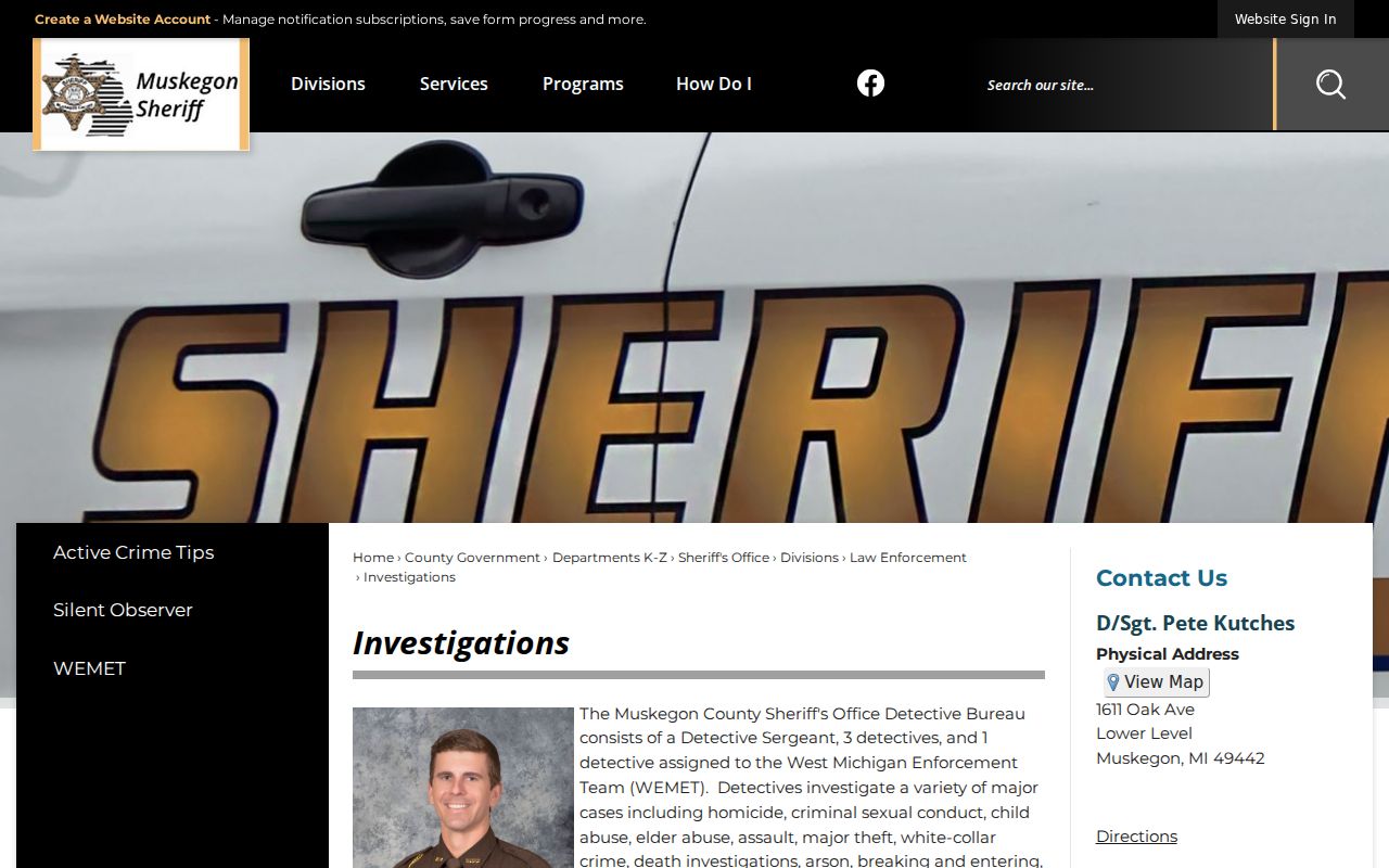 Muskegon County warrant records page describing the Sheriff's Detective Bureau and tip-line program