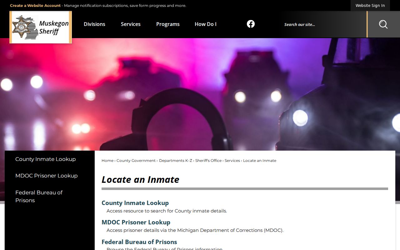 Muskegon County warrant records page showing the official custody search link