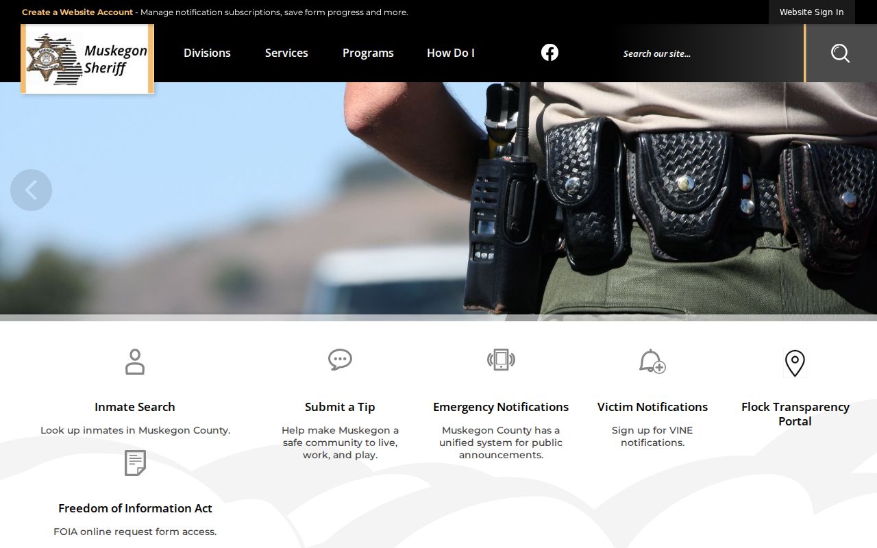 Muskegon County warrant records page listing sheriff services without a public warrant list