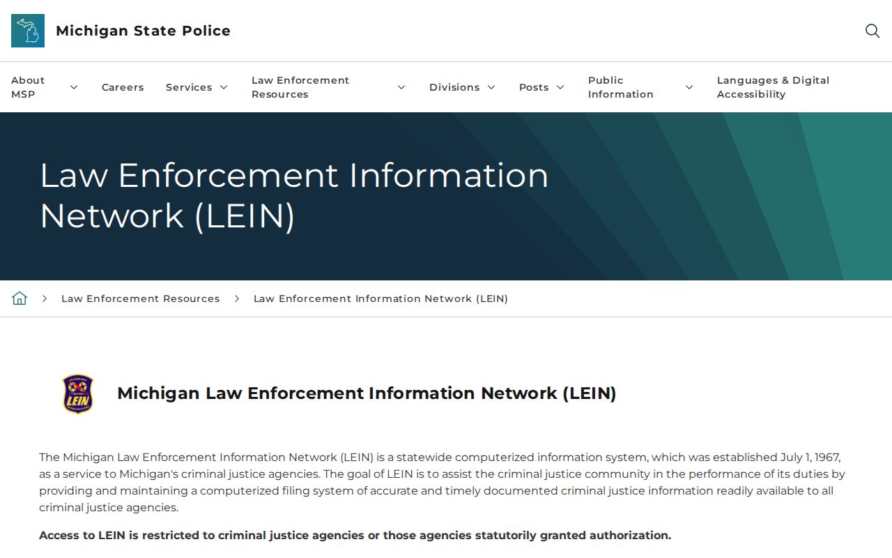 Muskegon County warrant records page showing the restricted law enforcement network notice
