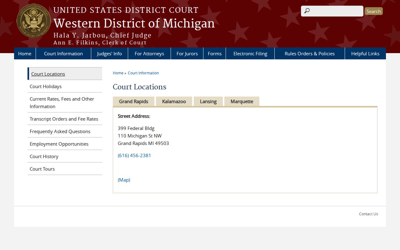 Muskegon County warrant records page showing federal court locations that serve the county