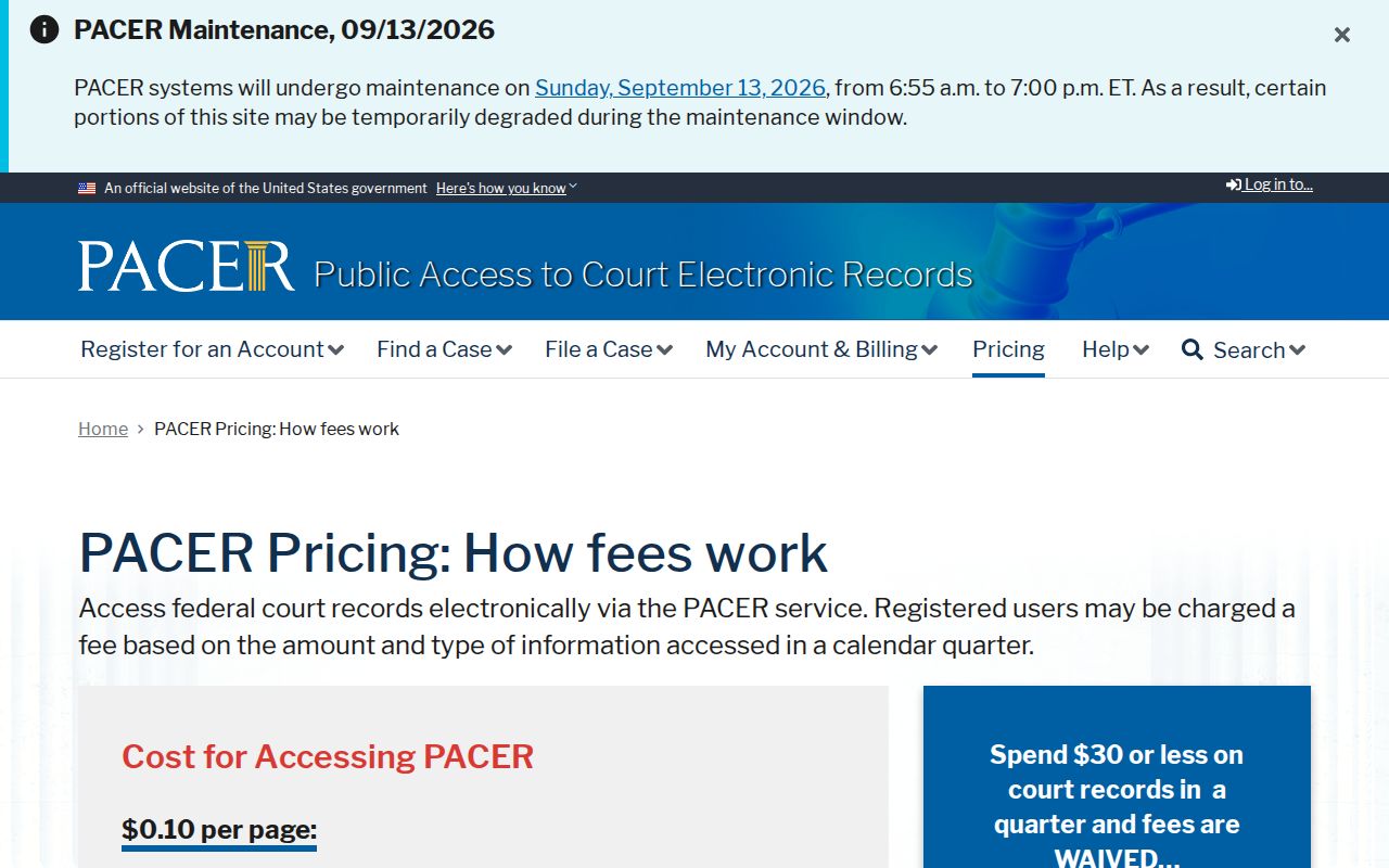 Muskegon County warrant records page showing how PACER charges for federal docket searches