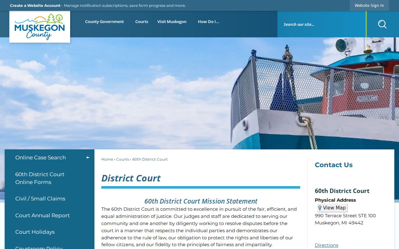Muskegon County warrant records page showing 60th District Court jurisdiction and contact block